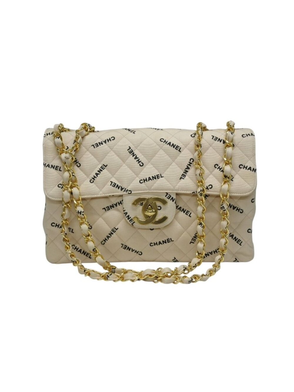 Chanel Maxi Quilted 34 S Flap Chain Shoulder Bag CC Logo Canvas Gold